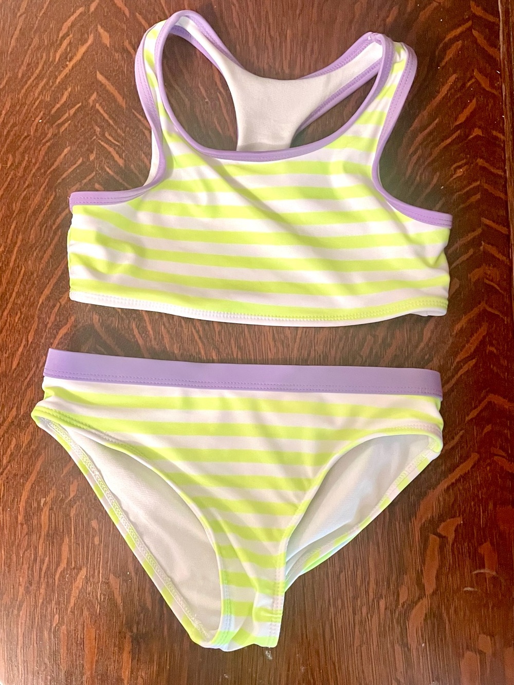 WONDER NATION Girls 2pc Stripe Bikini Lime/Lavender Racer back Sz M 7/8